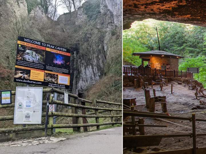 Imagen con el cartel de información de la cueva Peak (Peak Cavern), también conocida como Devil's Arse, e imagen del interior de la cueva. Ubicada en Castleton, Derbyshire, Inglaterra.
