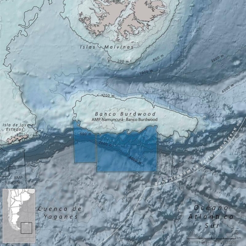 Mapa geográfico del Área Marina Protegida Namuncurá Banco Burdwood en Argentina