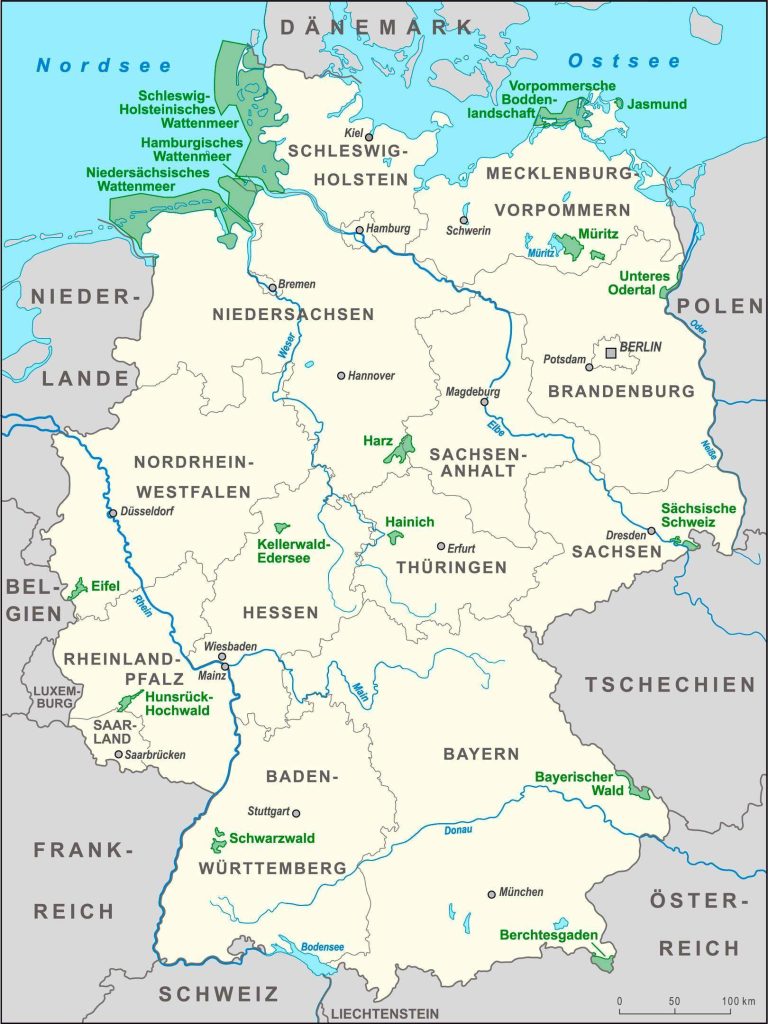 Map showing the location of national parks in Germany